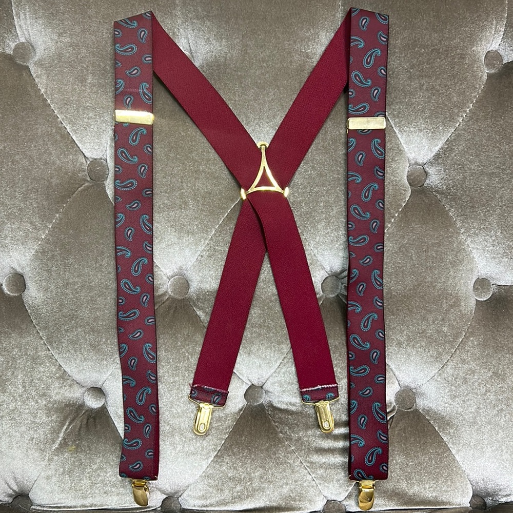 Vintage Made in Germany paisley print gold burgundy adjustable suspenders